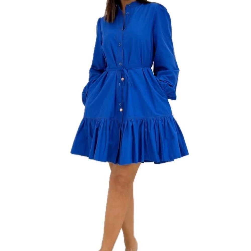 Zara Cobalt Blue Bishop Sleeve A Line Button Down Ruffle Shirt Mini Dress XS